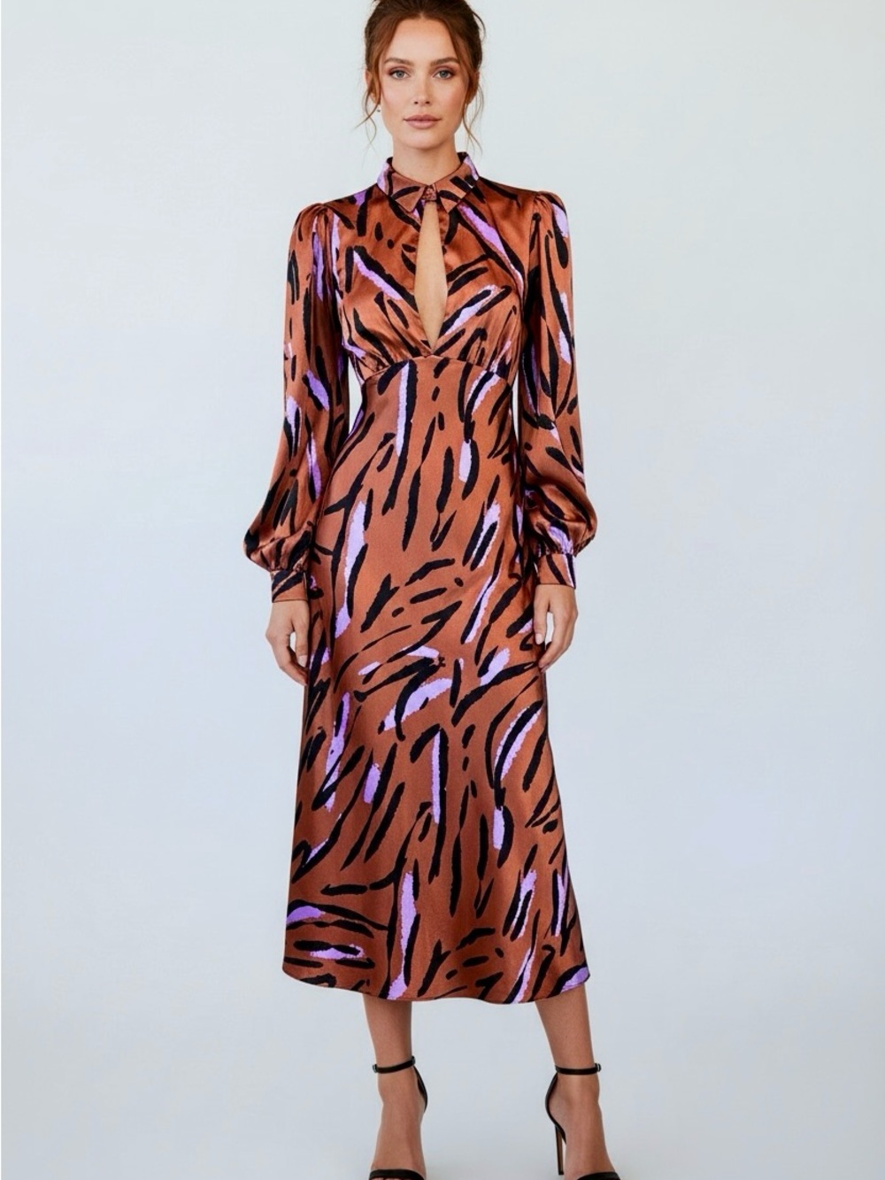 ASOS Copper and Lavender Animal-Print Plunge Neck Maxi Dress 6 S